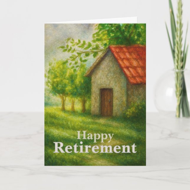 Carte Happy Retirement Card | Peaceful Cottage Landscape (Devant)