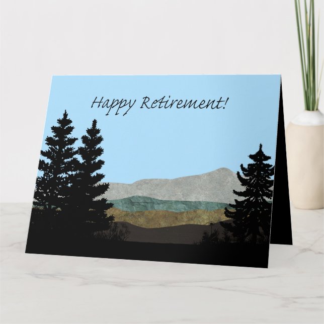 Carte Happy Retirement! Pine Trees Silhouettes Mountains (Devant)