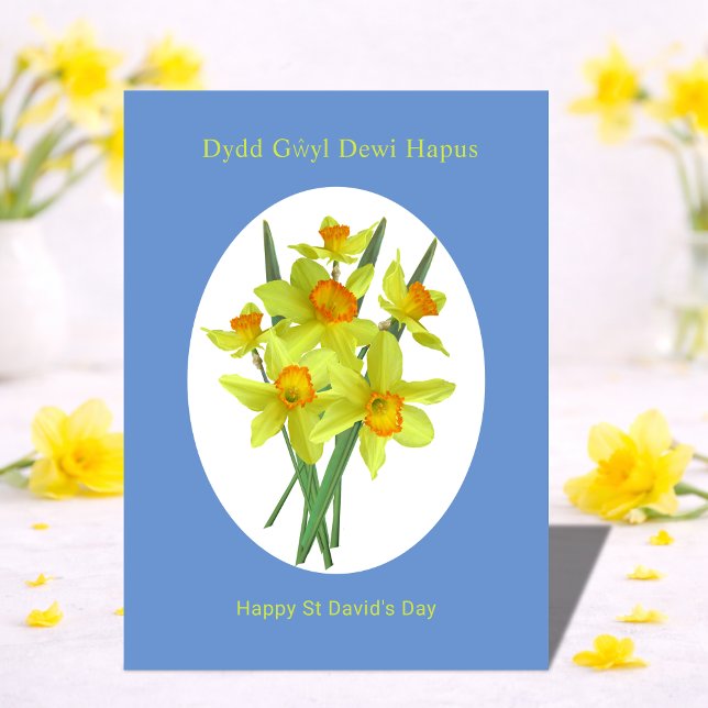 Carte Happy St David's Day Welsh Daffodils (Add message on reverse to personalize.  All text is editable)