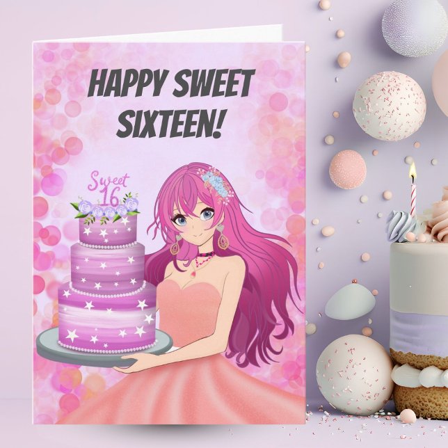 Carte Happy Sweet Sixteen Anime Girl With Cake (Créateur téléchargé)