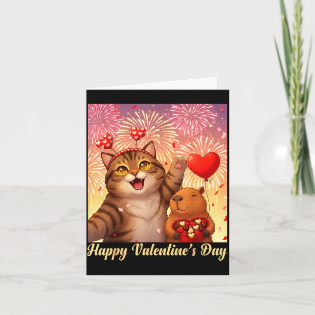 Carte Happy Valentines 2026 Cute Cat Capybara Party Art  (Devant)