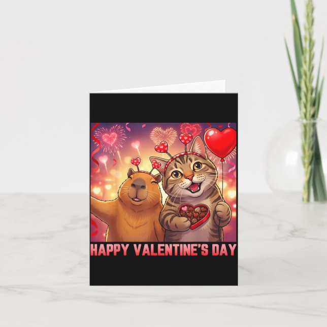 Carte Happy Valentines 2026 Cute Cat Capybara Party Art  (Devant)