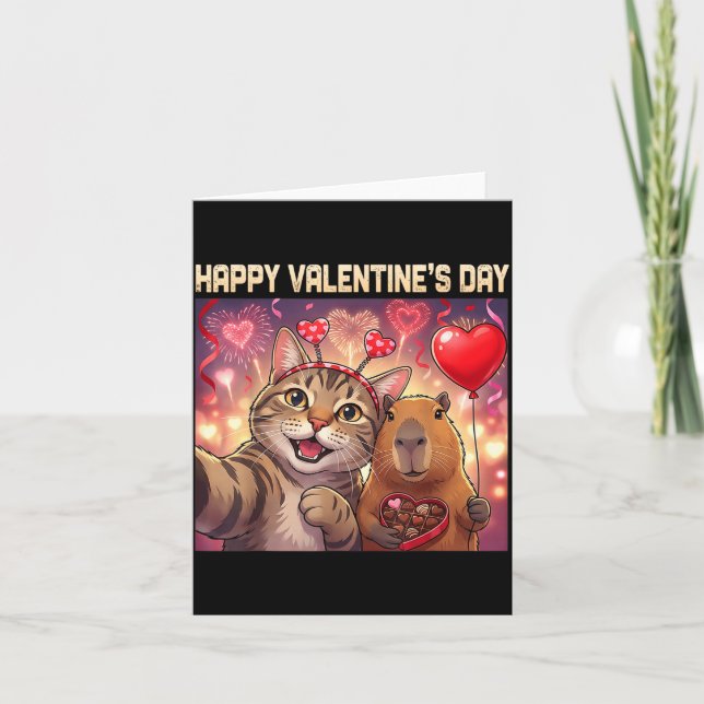 Carte Happy Valentines 2026 Cute Cat Capybara Party Art  (Devant)