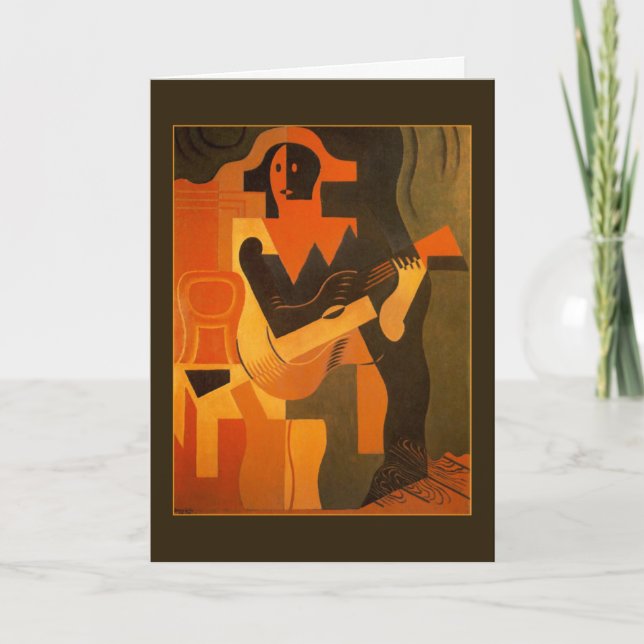 Carte Harlequin de joyeux anniversaire avec la guitare (Devant)