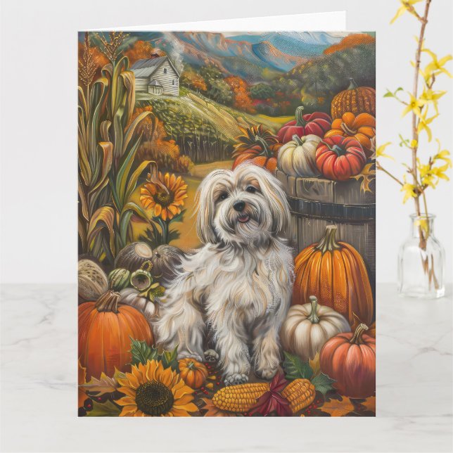 Carte Havanais Chien automne récolte Thanksgiving (Fleur jaune)