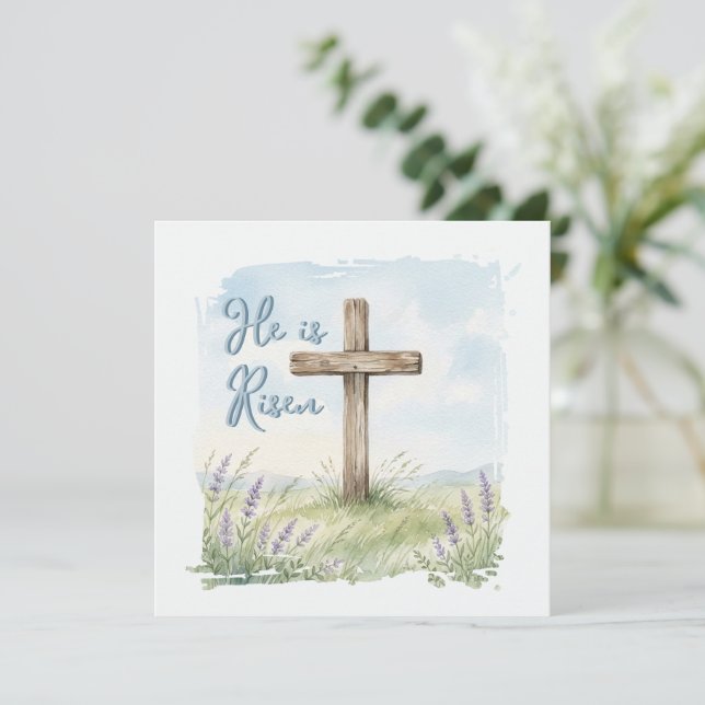 Carte He Is Risen Watercolor Easter Cross Greeting (Debout devant)