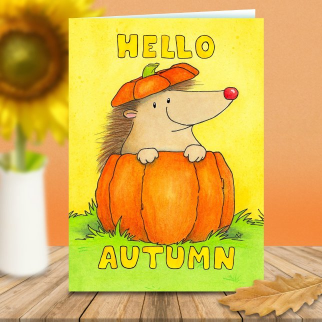Carte Hello Autumn Hedgehog in Pumpkin Greeting (Créateur téléchargé)