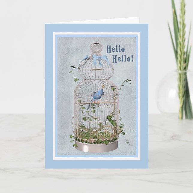 Carte Hello avec cage à oiseaux joyeuse (Devant)
