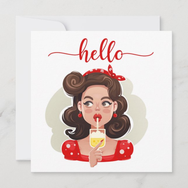 Carte Hello Cute Retro Girl Tan Flat (Devant)