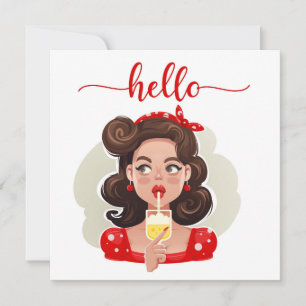 Carte Hello Cute Retro Girl Tan Flat