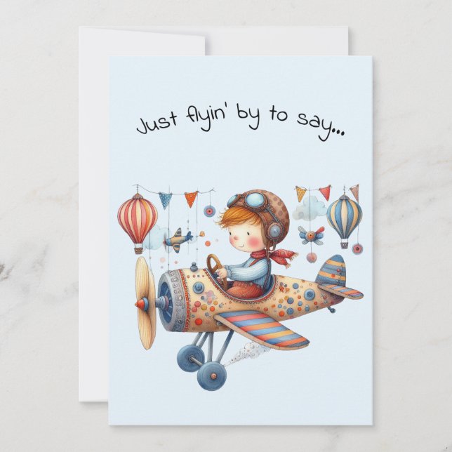Carte Hello Friendship Kid Flying Whimsical Plane (Devant)