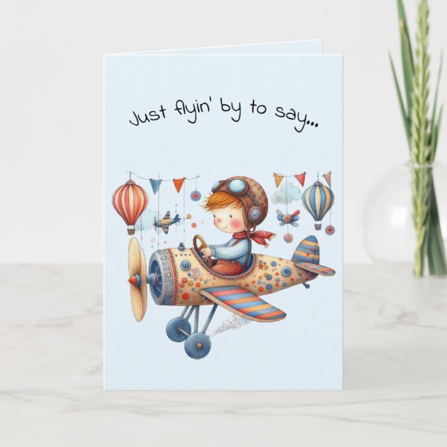 Carte Hello Friendship Kid Flying Whimsical Plane (Devant)