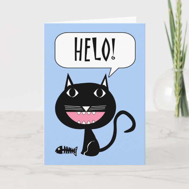 Carte Helo Hello en gallois avec chat et poisson noirs (Devant)