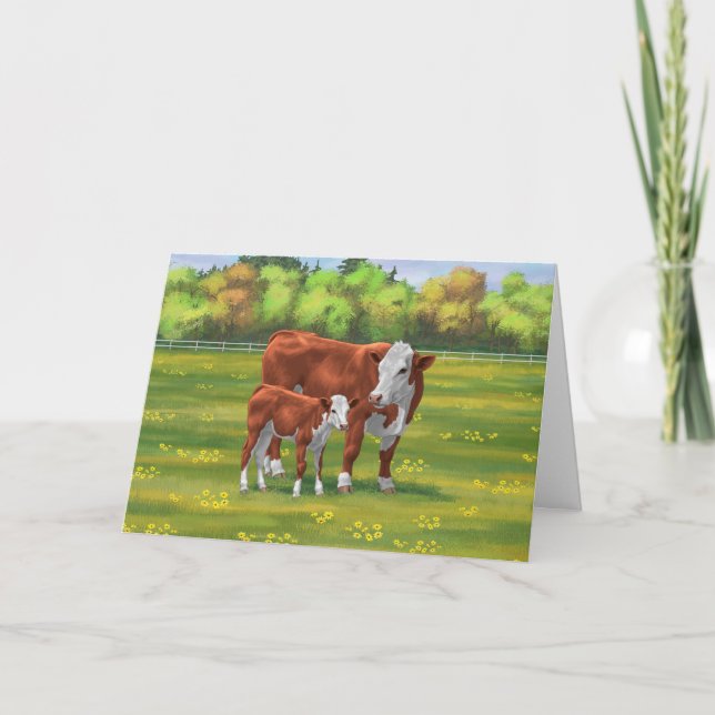 Carte Hereford Cow & Cute Calf dans les pâturages d'été (Devant)