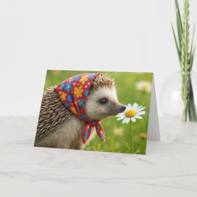 Carte Hérisson d'anniversaire reniflant une marguerite (Devant)