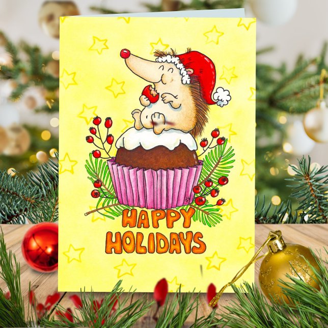 Carte Hérisson de dessin animé rétro Gâteau de Noël Cupc (Créateur téléchargé)
