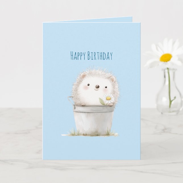 Carte Hérisson de jardin bleu avec anniversaire de fleur (Petite plante)