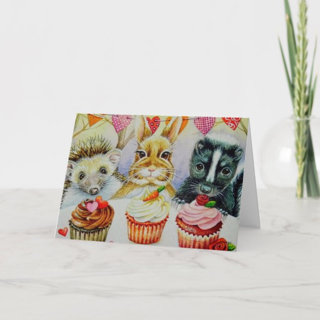 Carte Hérisson Lapin Mouffette & Gâteaux Art à l'aquarel (Devant)