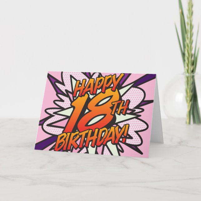 Carte HEUREUX 18E ANNIVERSAIRE BD Livre Pop Art rose (Devant)