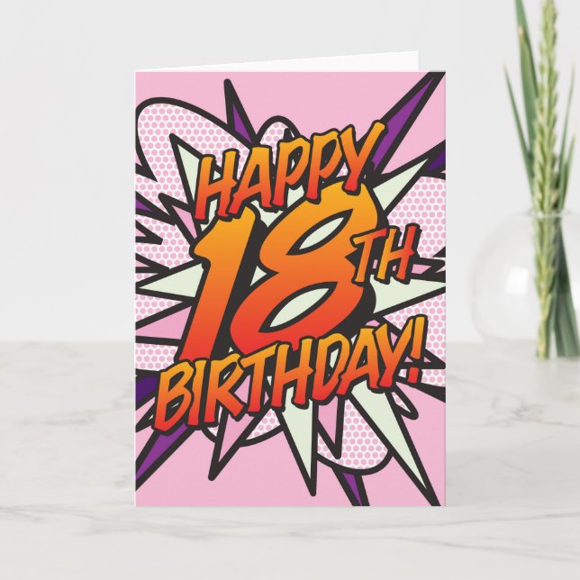 Carte HEUREUX 18E ANNIVERSAIRE BD Livre Pop Art rose (Devant)