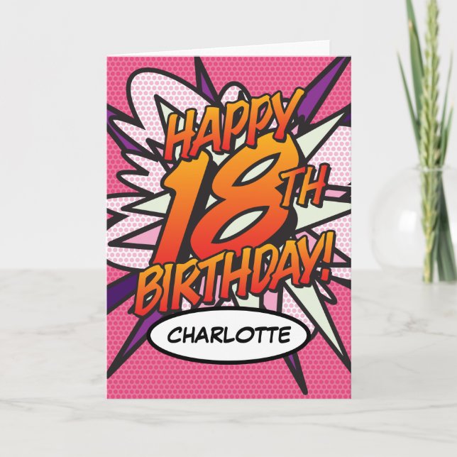 Carte HEUREUX 18E ANNIVERSAIRE BD Livre Pop Art Rose (Devant)