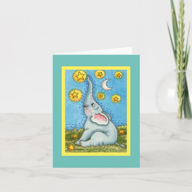 CARTE HEUREUX PETIT ÉLÉPHANT ATTEINTE POUR LES ÉTOILES V (Devant)
