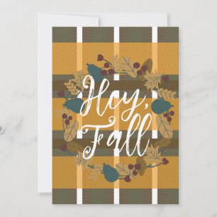 Carte Hey Fall à la couronne de verdure à carreaux