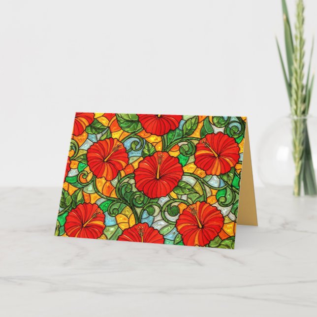 Carte Hibiscus Faux Vitrail Orange Or Rouge (Devant)