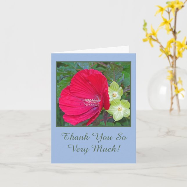 CARTE HIBISCUS ROUGE/FLORAL/"MERCI SI BEAUCOUP" (Fleur jaune)