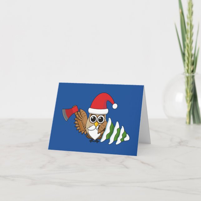 Carte Hibou de Noël avec hache et pin enneigé (Devant)