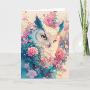 Carte Hibou élégant parmi les fleurs radieuses