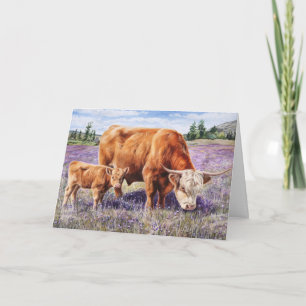 Carte Highland Cow and Calf Purple Fleurs sauvages