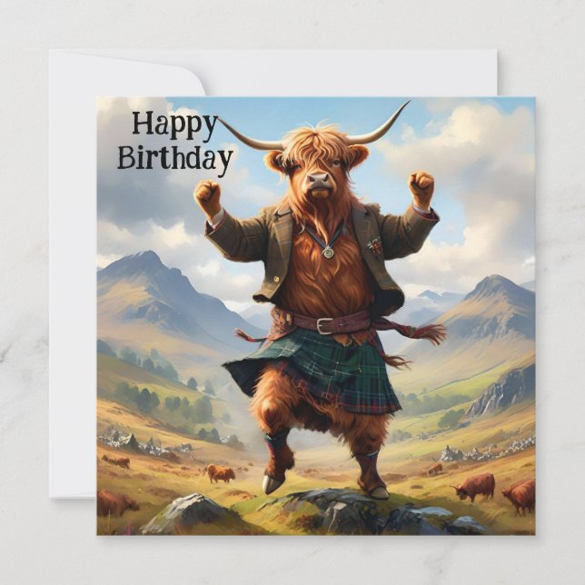 Carte Highland Cow Dancing The Highland Fling, Anniversa (Devant)
