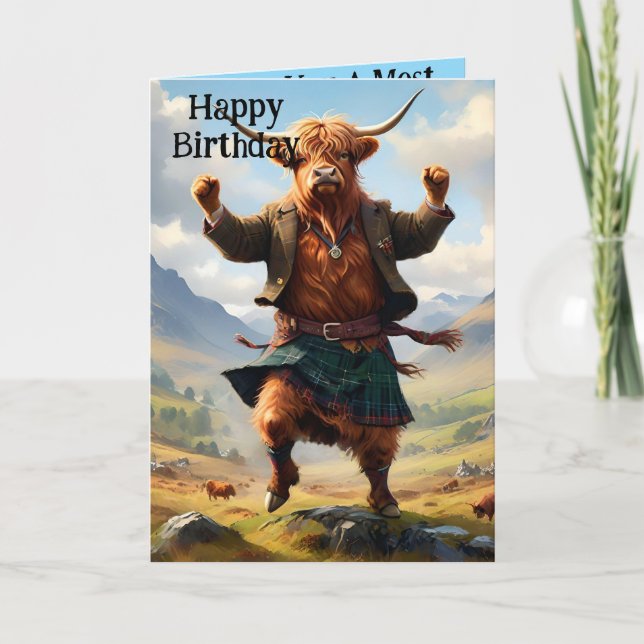 Carte Highland Cow Dancing The Highland Fling, Anniversa (Devant)