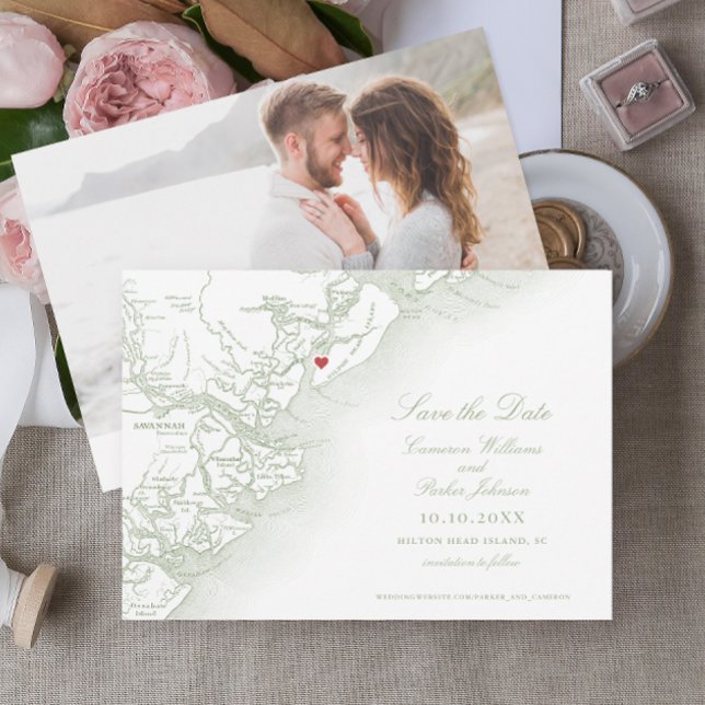 Carte Hilton Head SC Élégant Mariage vert Sage (Hilton Head Map Photo Save the Date in Elegant Sage Green by Coastal Map Designs)