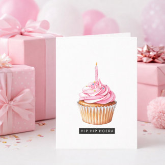 Carte Hip Hip Hourra Minimaliste Cupcake Rose Anniversai