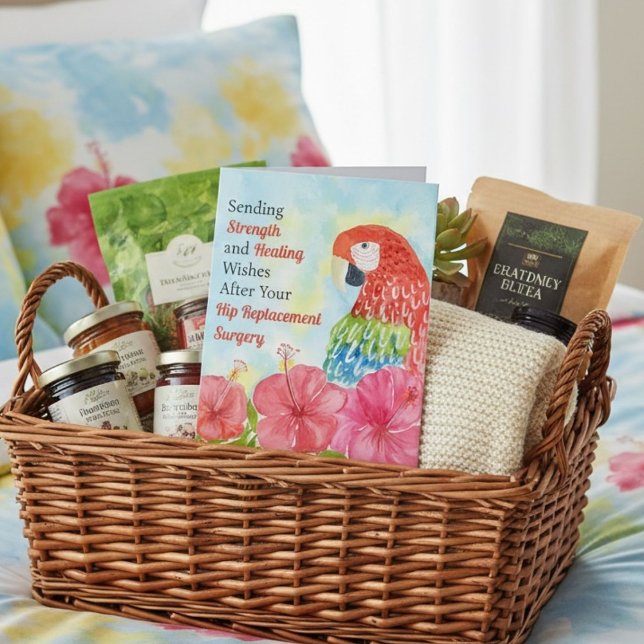 Carte Hip Replacement Healing Scarlet Macaws, Hibiscus (Créateur téléchargé)