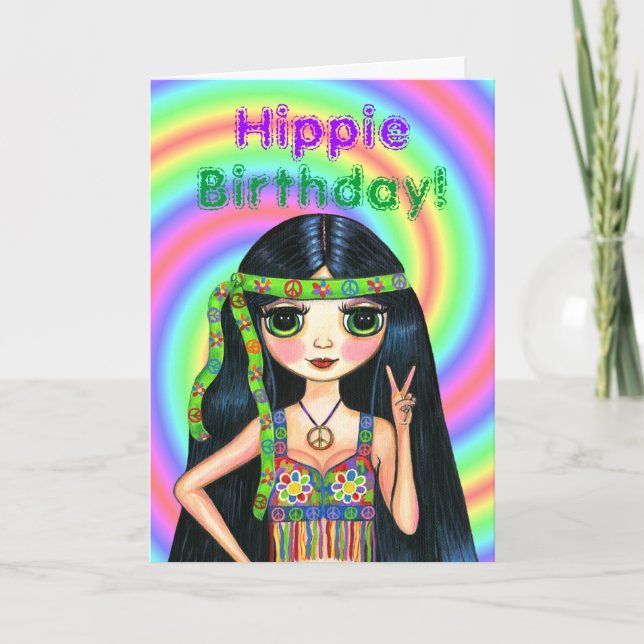 Carte Hippie Birthday! Cute Psychedelic Hippie Girl (Devant)