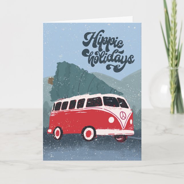 Carte Hippie Holidays Retro Bus & Tree Grey Card (Devant)