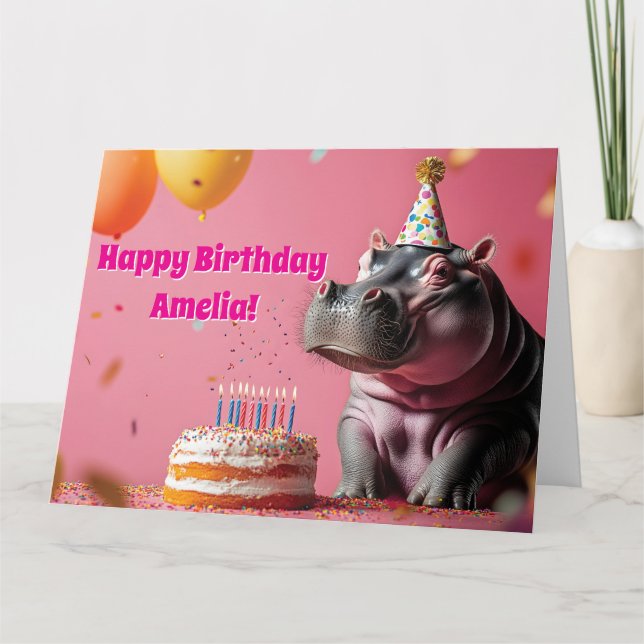 Carte Hippo d'anniversaire avec gâteau et ballons (Devant)