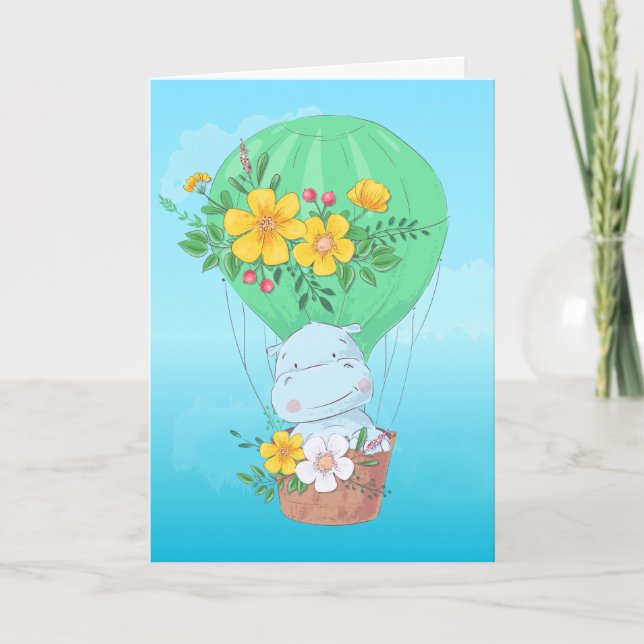 Carte Hippo de l'aquarelle à l'anniversaire du ballon à  (Devant)