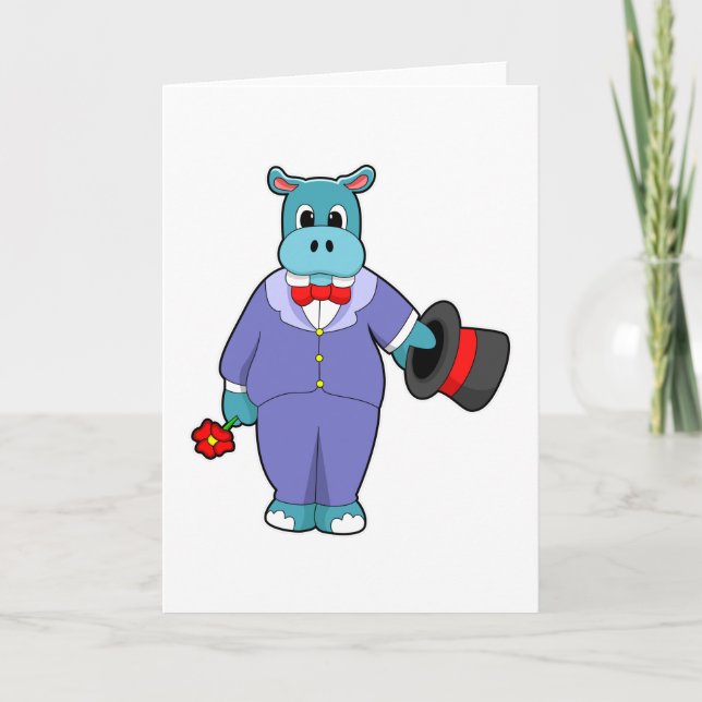 Carte Hippo en groom avec costume et Rose (Devant)