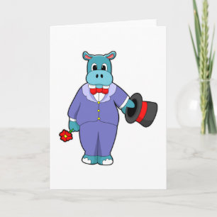 Carte Hippo en groom avec costume et Rose