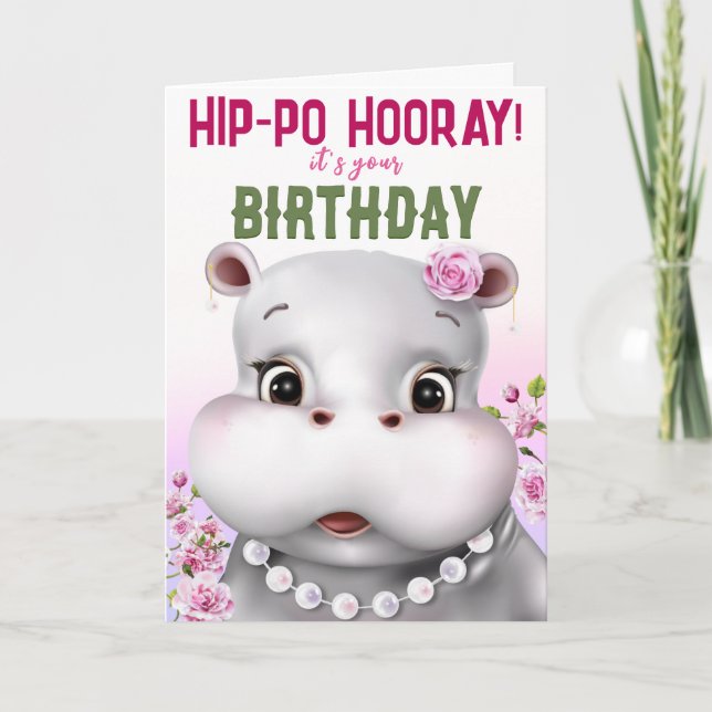 Carte Hippo rose florale fille anniversaire (Devant)