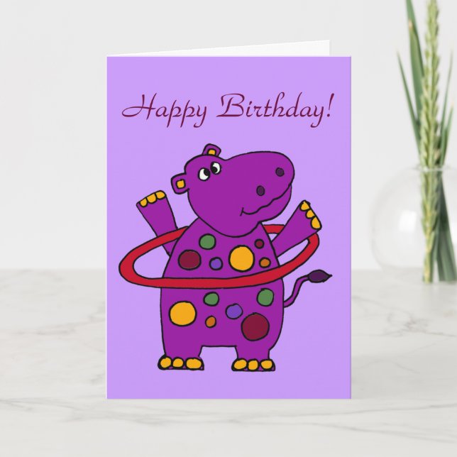 Carte Hippo violet amusant Jouer Hula Hoop (Devant)