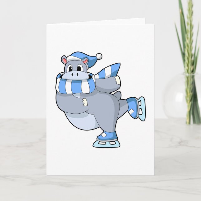 Carte Hippopotame au patinage sur glace avec des patins  (Devant)