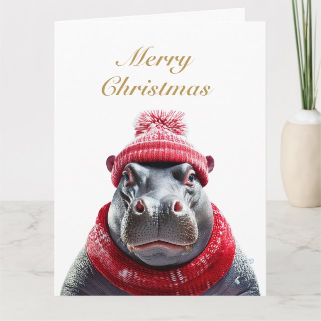 Carte Hippopotame bonnet et écharpe Joyeux Noël (Devant)