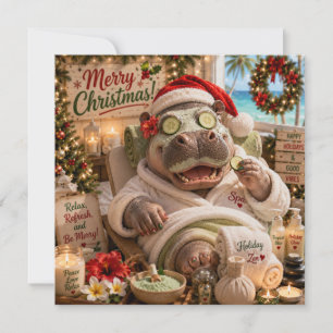 Carte Hippopotame de Noël se détendant dans un spa de pl
