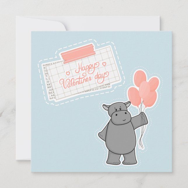 Carte Hippopotame mignon avec ballons et Joyeuse Saint-V (Devant)