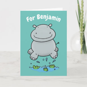 Carte Hippopotame mignon sautant dessin animé anniversai